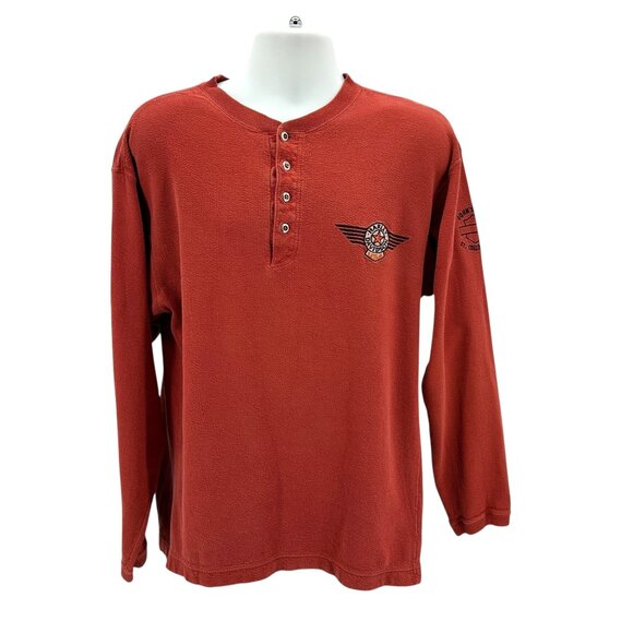 Vintage Harley Davidson Mens Medium Henley Long Sleeve Button Textured Red Logo - Picture 1 of 9